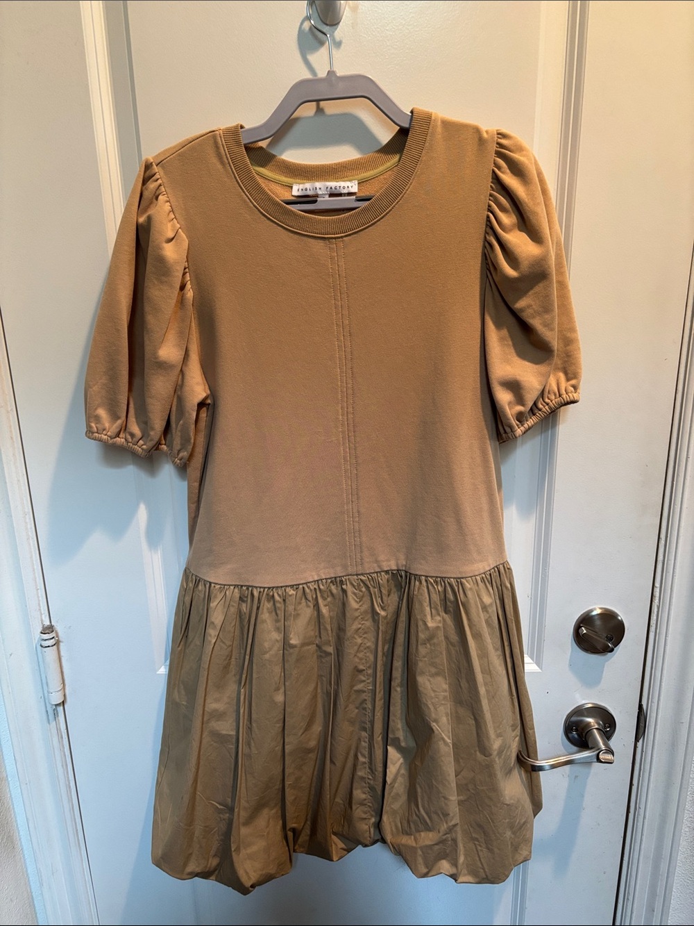 NEW English Factory Women’s Puff Sleeve Drop-Waist Dress in Camel